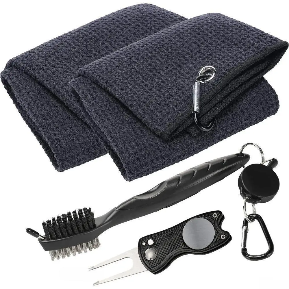 4Pcs Golf Club Cleaning Kit, Microfiber Golf Towel, Golf Brush, Divot Repair Tool & Ball Marker, Complete Golf Bag Accessory Set, Outdoor Golf Gear Gift for Men