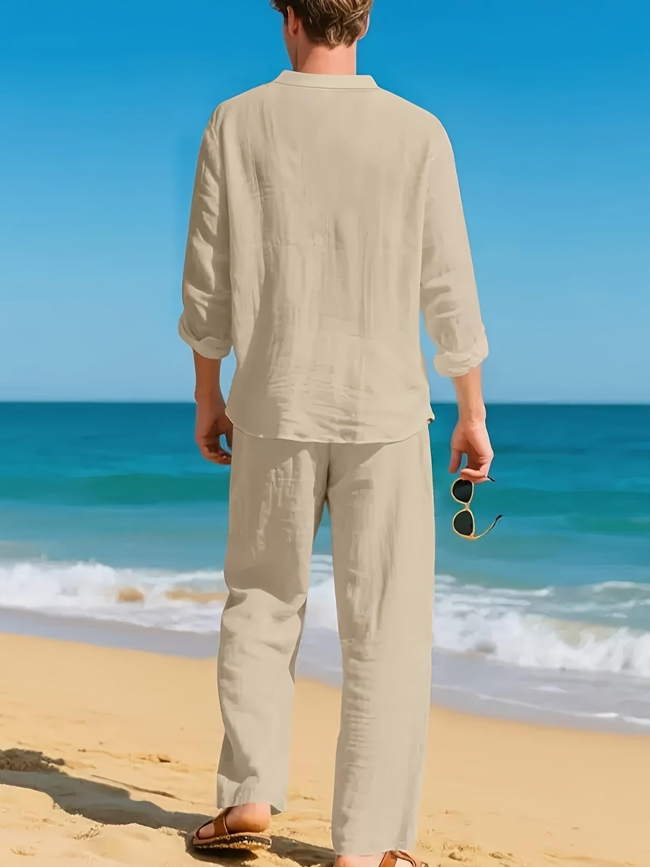 Men's 2-Piece Linen Pajamas & Loungewear Set - Long Sleeve, V-Neck, Loose, Breathable, Casual Menswear for Autumn, Winter
