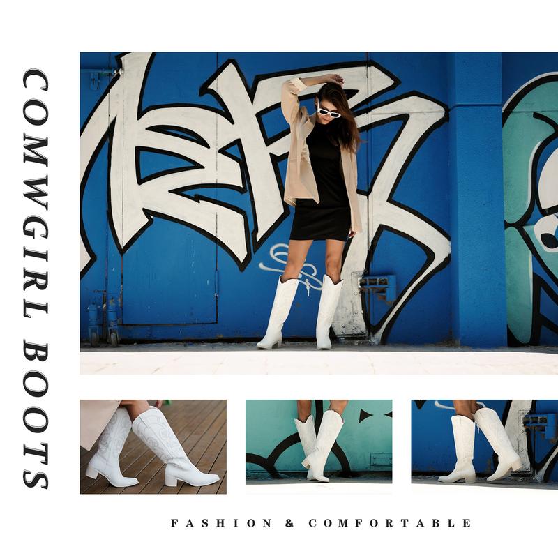 IUV Women's Western Cowboy Boots Pointy Toe Cowgirl Boots Mid Calf PU Leather Rubber Sole Classic Embroidery Design Comfortable Padded Lining