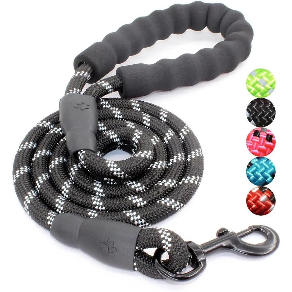 Dog Leash, 2/4/5/6 FT Nylon Rope with Comfortable Padded Handle, Highly Reflective Threads for Night Safety, Tangle-Free for Small to Large Dogs (5FT-1/2'', Black)