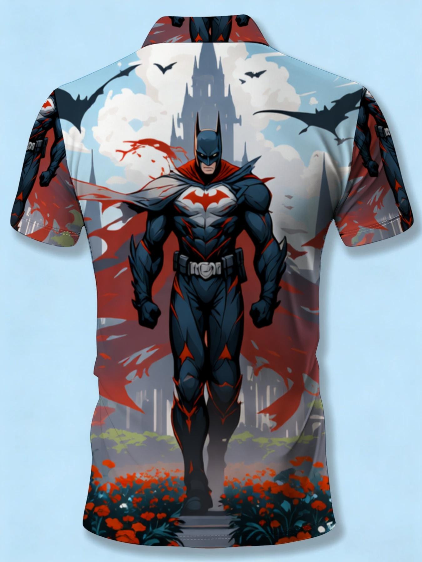 Short Sleeve Polo Shirt with Anime Style Print for Men, Casual Trendy Summer Wear, Super Hero Pattern Design