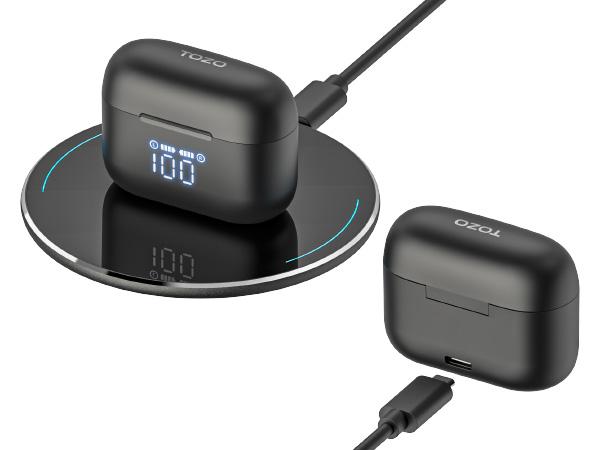 TOZO-T21 Earbuds, 5.3 Bluetooth Headphone, Sem in Ear with Dual Mic Noise Cancelling, IPX8 Waterproof, Stereo Sound with Power, Display Charging Case Black Audio Connection Digital Headset Workout Electronic FathersDayGift Wireless, HalloweenGift, Gift