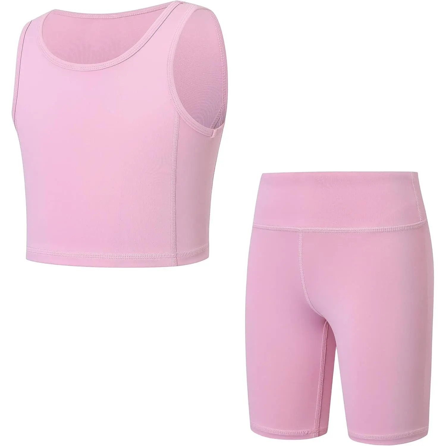Girls 2-Piece Athletic Set, Pink Crop Tank Top and High Waisted Shorts, Gymnastics Activewear
