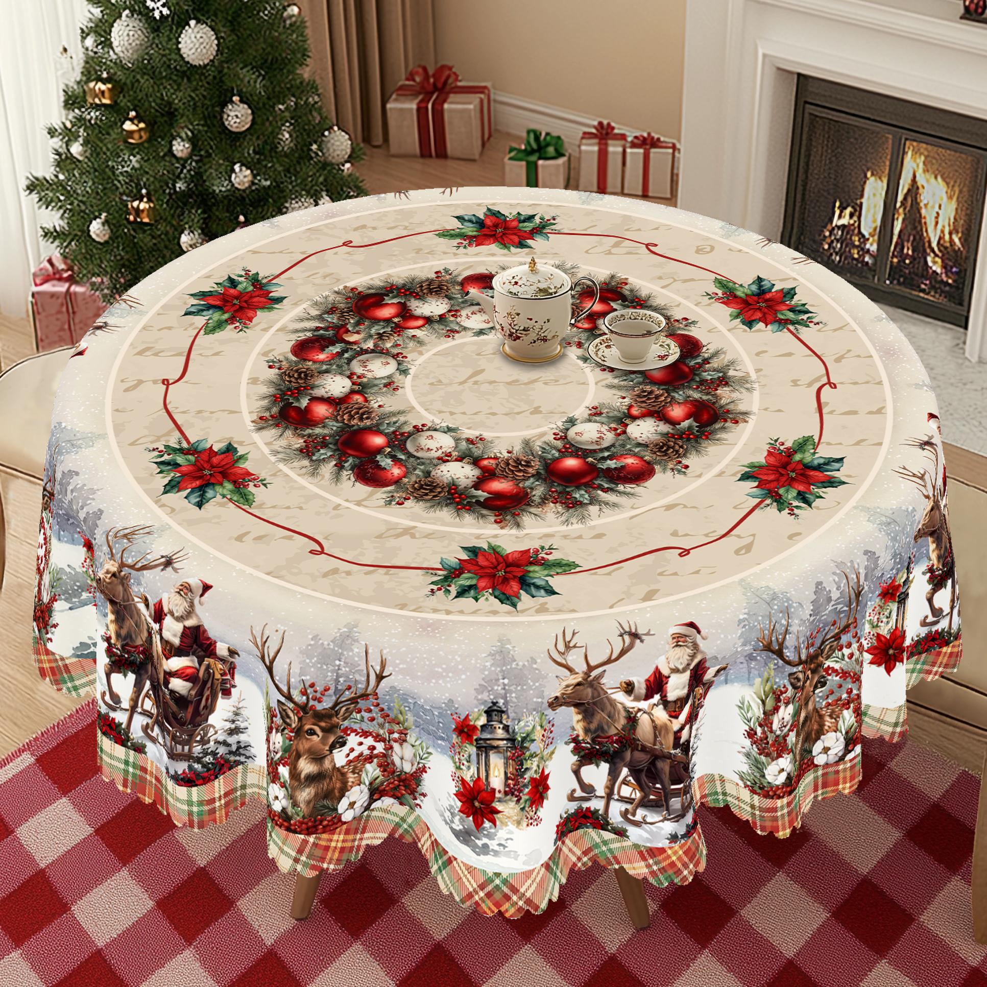 PLUMLIK Vintage Christmas Tablecloth with Santa Claus, Reindeer Patterns, Christmas Decor 2025, Christmas Party Decoration for Indoor&Outdoor, Golden Round Rectangular Table Cloth, Holiday Home kitchen Festive Decor, Christmas Gifts Dinnerware Celebration