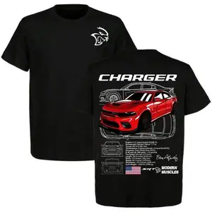 Unisex T-shirt Dodge Charger Hellcat Red T-Shirt – Red Muscle Car Graphic Tee With Blueprints And Specs, Modern Mopar Streetwear Top Clothing Car Enthusiast Gift, 's Day Novelty Graphic T Shirt Funny Tshirt Undershirts Tees Casual Streetwear Classic Plain