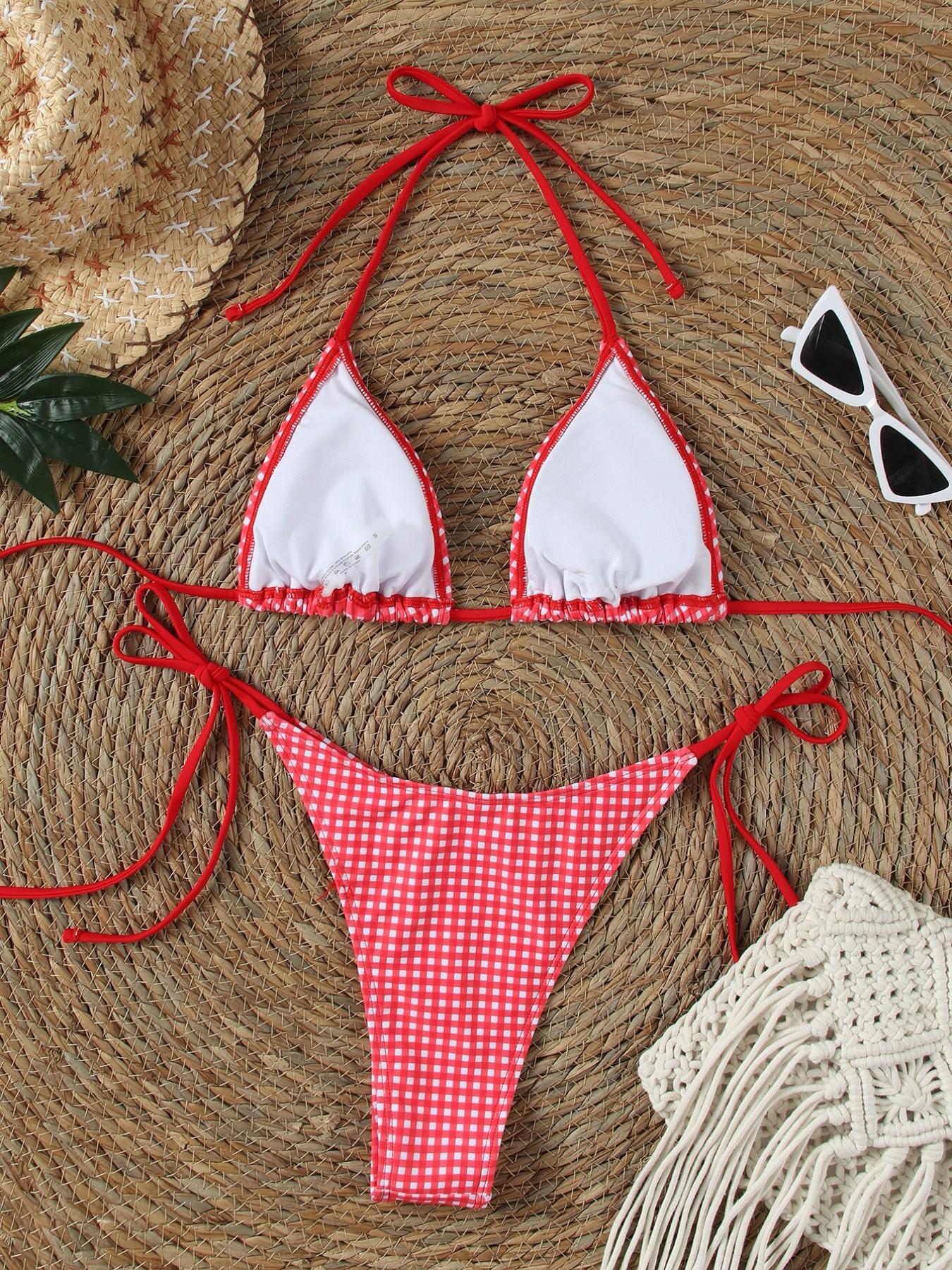 Women's Plaid Halter Cute Sexy Bikini Swimsuit Set, Summer Clothing, Fitted Lace Up Design, Tie Side Bottoms, All Seasons