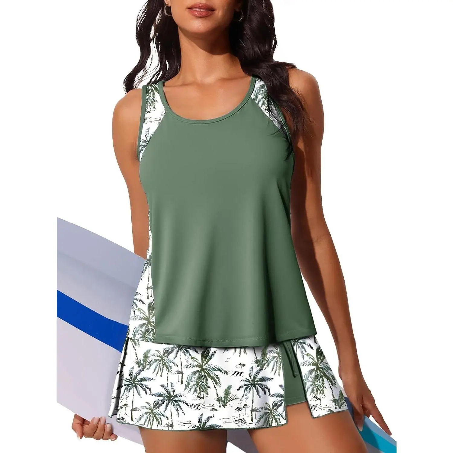 Modest Tankini Swimsuits for Women Tummy Coverage Bathing Suit | 2026 Tankini with High-waist Skirt, Blouson Bathing Suit, Built-in Shorts with Pockets, Removable Pads