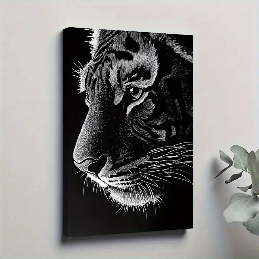 1pc Framed Canvas Poster, Black And White Tiger Portrait Wall Art Canvas Paintings, Ideal Gift for Bedroom Living Room Corridor, Wall Art, Wall Decor, Winter Decor, Room Decoration