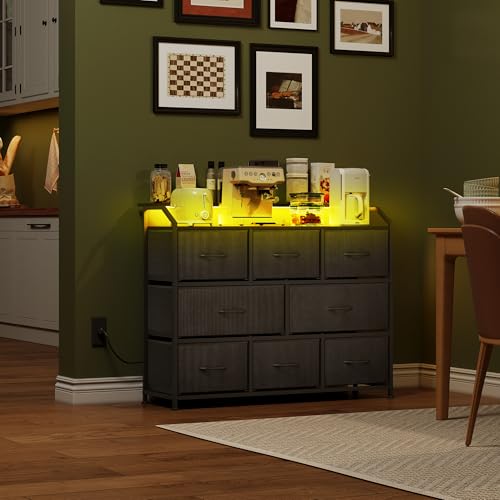 Fabric Drawer Dressing Table with Power Outlets and LED Lights, Multi-Functional TV Cabinet & Storage Cabinet with Built-in Electrical Sockets, Black Fabric Drawers with Metal Frame, Perfect for Bedroom, Living Room & Media Storage