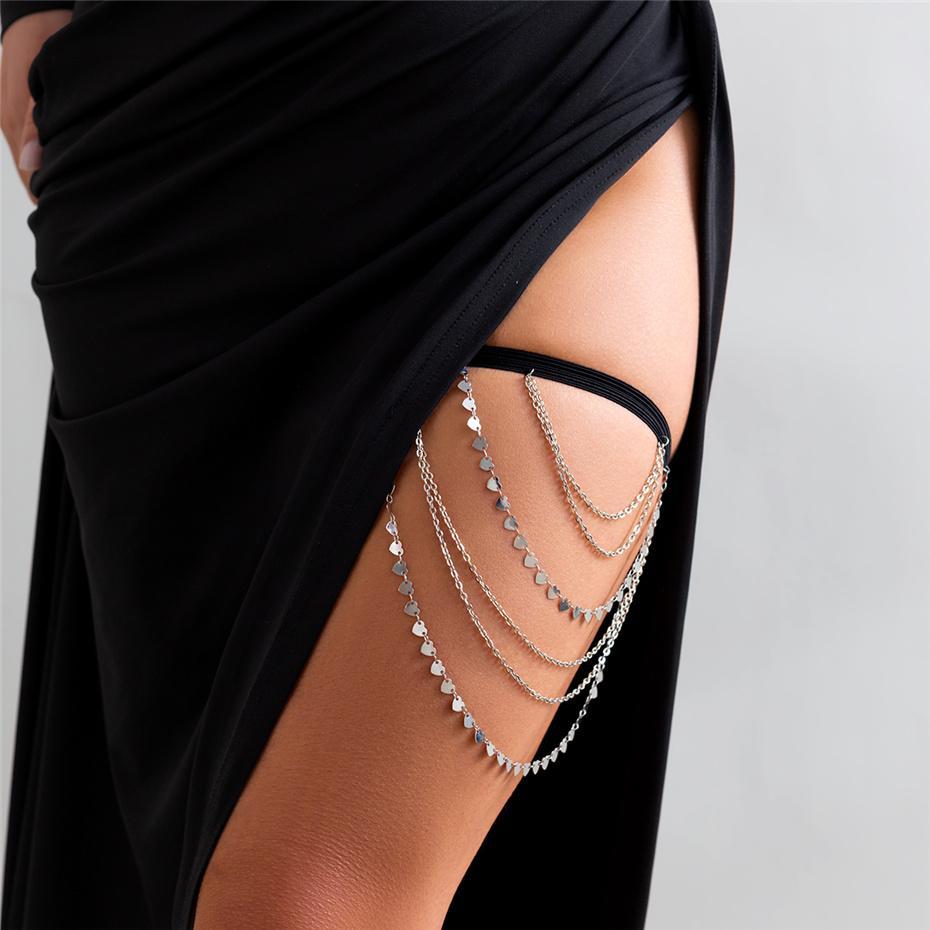 Boho Sexy Elastic Band Bandage Leg Thigh Chain for Women Bikini Summer Heart Tassel Pendant Multilayer Garter Belt Body Jewelry