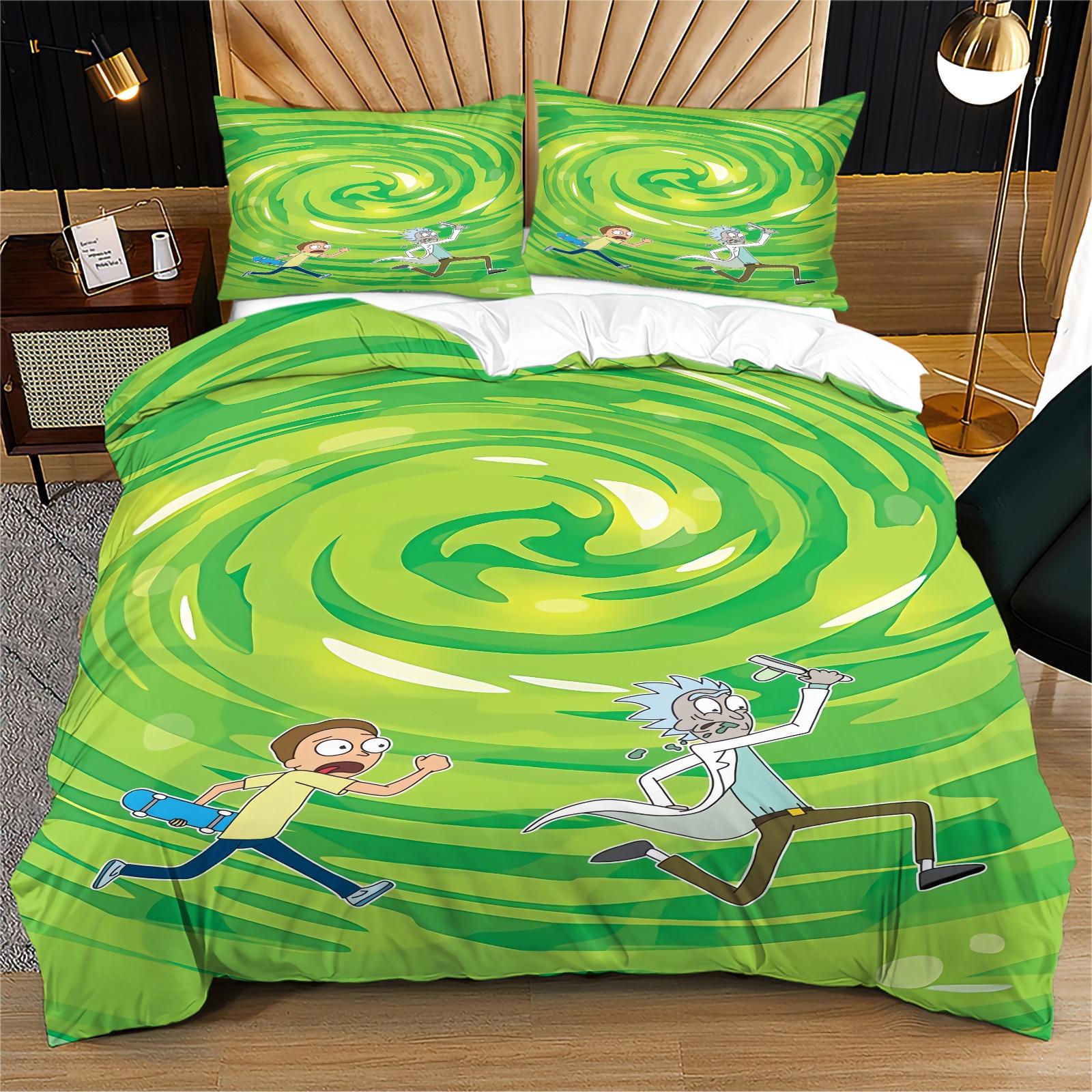 Rick and Morty Pattern Printed Soft Durable Bedding Set, Bed Sheets Set, Includes 1 Fitted Sheet and 1 or 2 Pillowcases, Excluding The Core And Pillow Core, Modern Style Bedroom Decor, Bed Sheet Sets