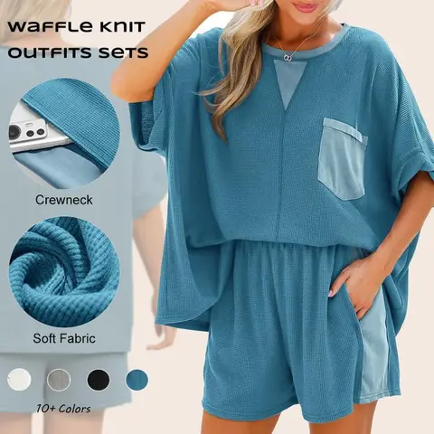 【New】Imily Bela Womens Summer Waffle Knit 2 Piece Outfits Oversized T Shirt Casual Shorts Loungwear Short Sets