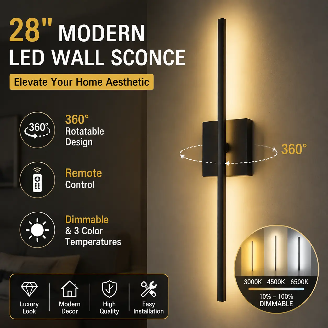 28" LED Wall Sconces Set of 2, Modern Black Minimalist Wall Light Fixtures for Bedroom, Living Room, Hallway, Hardwired Indoor Wall Lights