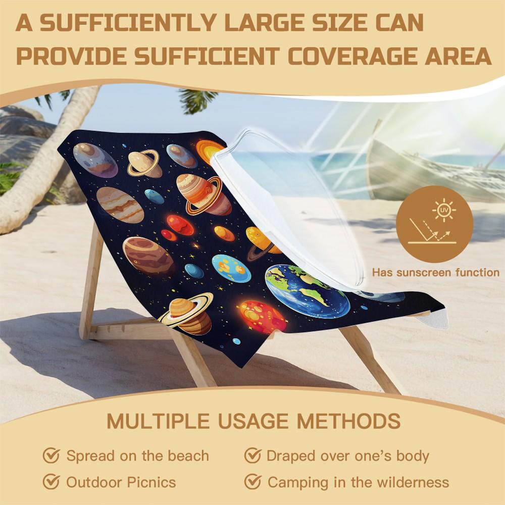 Cute Planets Graphic Beach Towel, Quick Dry Microfiber Towel with High Absorbency, Sand Proof Pool Towel for Kids Adults, Space Themed Beach Accessory