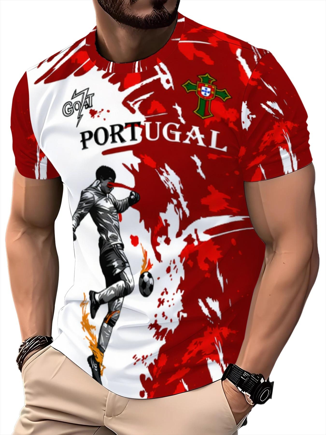 Portugal Football Theme Men's Short Sleeve T-Shirt, Men's Trendy Printed Sports Top, Red and White Color Casual Wear