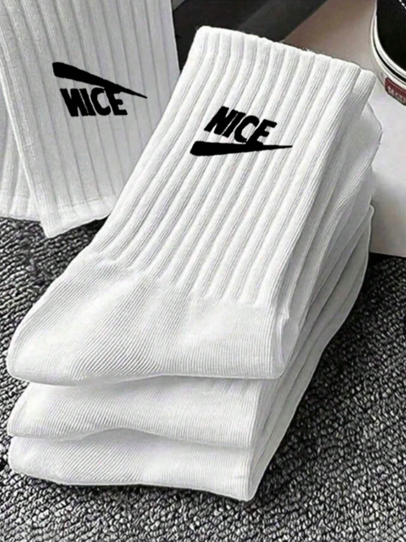 5 Pairs Letter Pattern Unisex Mid-Calf Casual Sports Socks, Sporty Fitted All Seasons, Plain Design