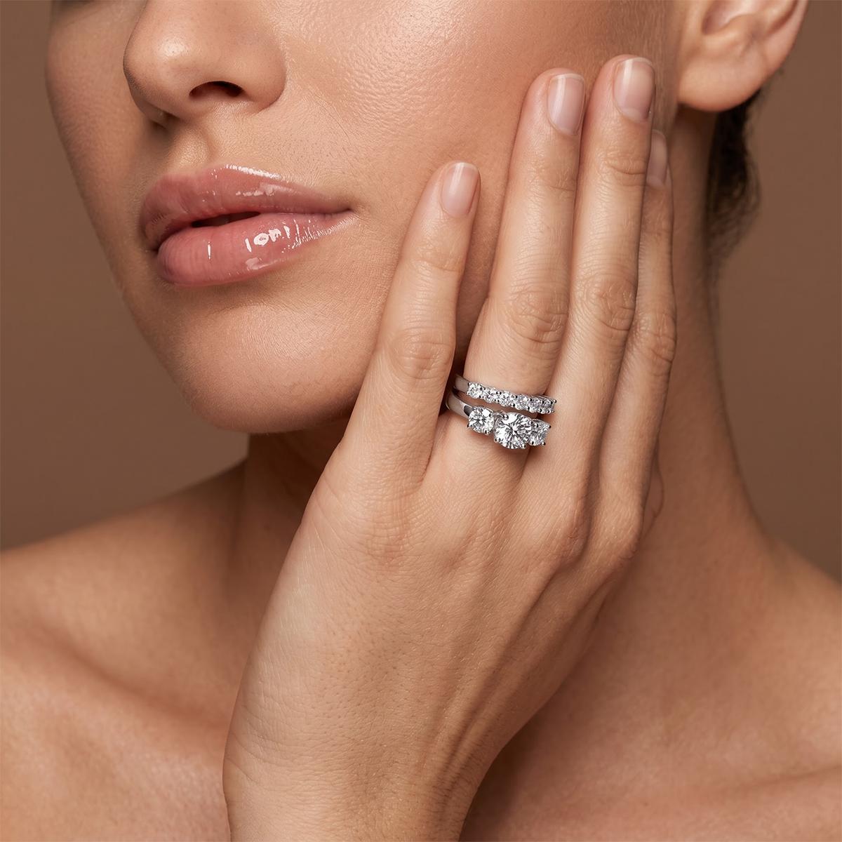 CENLEAR Female Stunning Ring Set - Women's 18K Gold-Plated Lab-Grown 2-Carat 3-Stone Stackable Fine Moissanite Wedding Rings Set for Engagement, Valentine's Day Gift