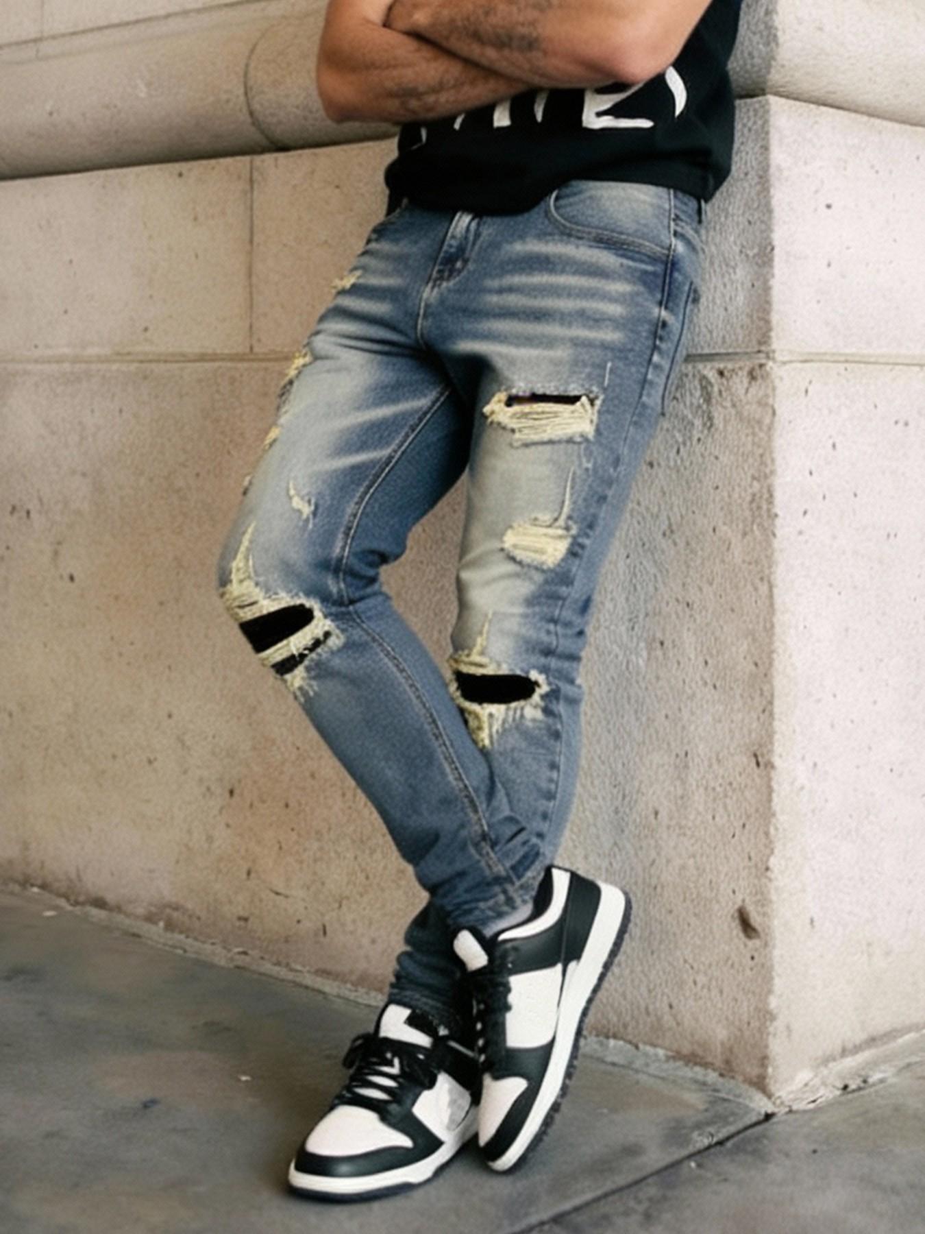 Men's Deep Blue Slim Fit Elastic Denim Jeans, Knee Patched Design, Vintage Wash, Street Style, All Seasons, Zipper Fly, Natural Waist