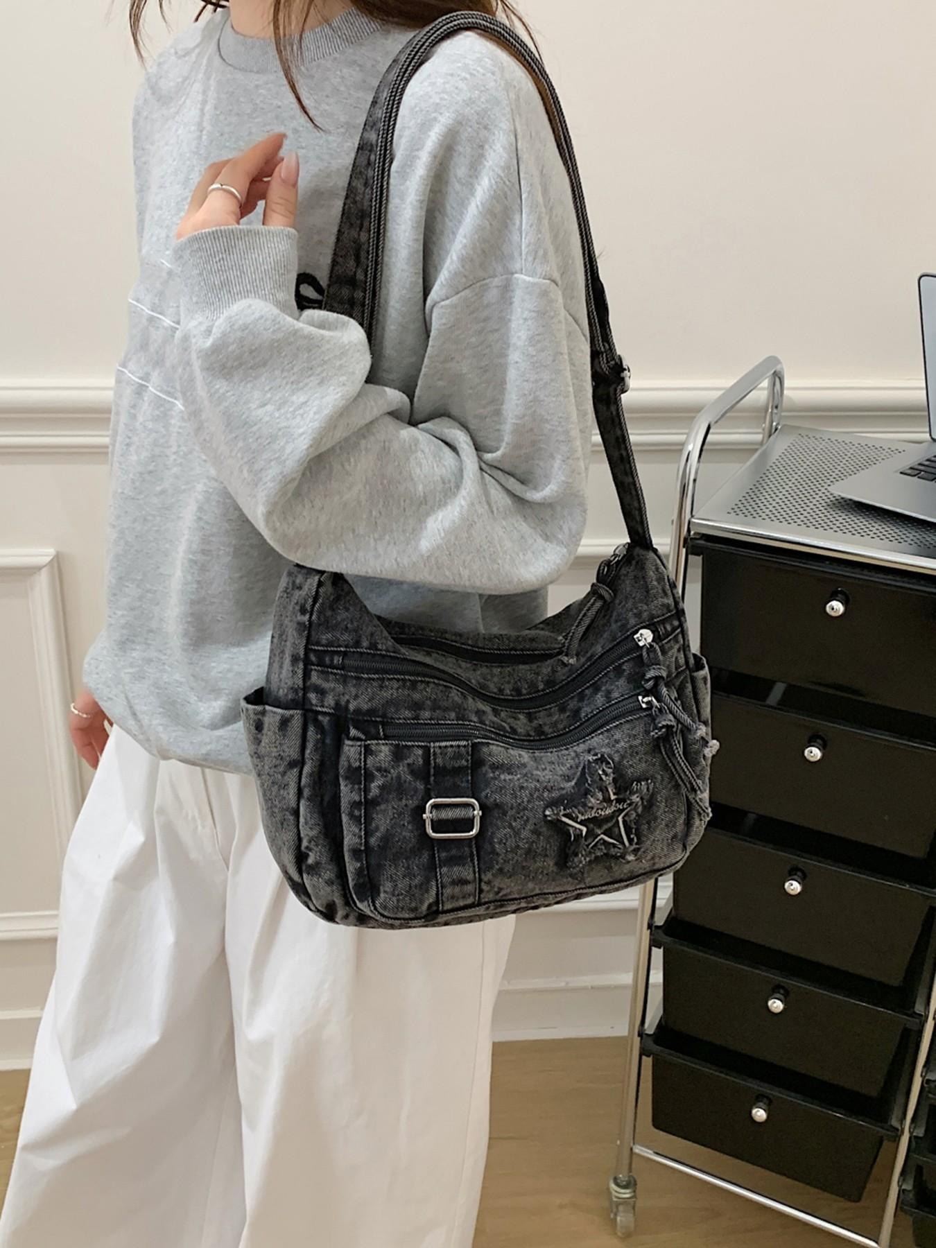 Casual retro texture Denim shoulder bag, Denim shoulder satchel, practical versatile crossbody bag, with multiple zippered pockets and a five pointed star pattern printed, suitable for commuting, shopping