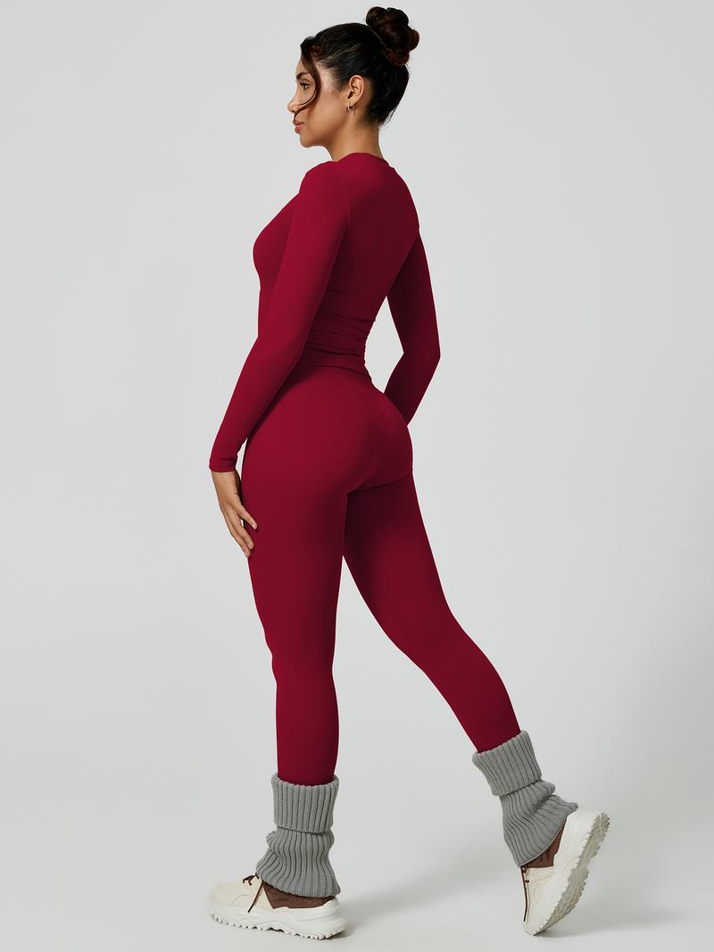 Women's Solid Long-Sleeve Tee & High-Waist Leggings Set, Sporty Round Neck Top & Skinny Pants 2-Piece Set for Gym Workout and Running, Ladies Fall & Winter Sportswear, Sports Fitness Wear