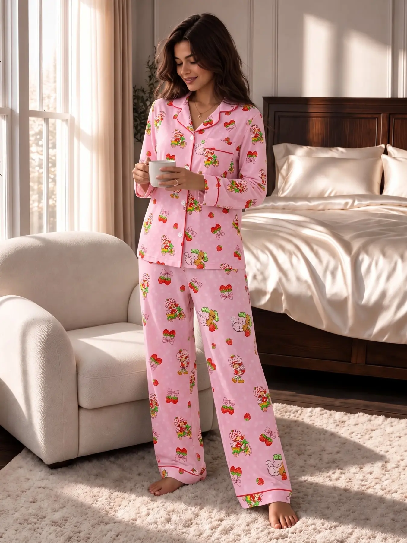 Women's Pajama Set, Long Sleeve Floor-Length Loose-Fit Sleepwear, Strawberry Print, Soft Comfortable Home, Spring & Fall, Pyjamas