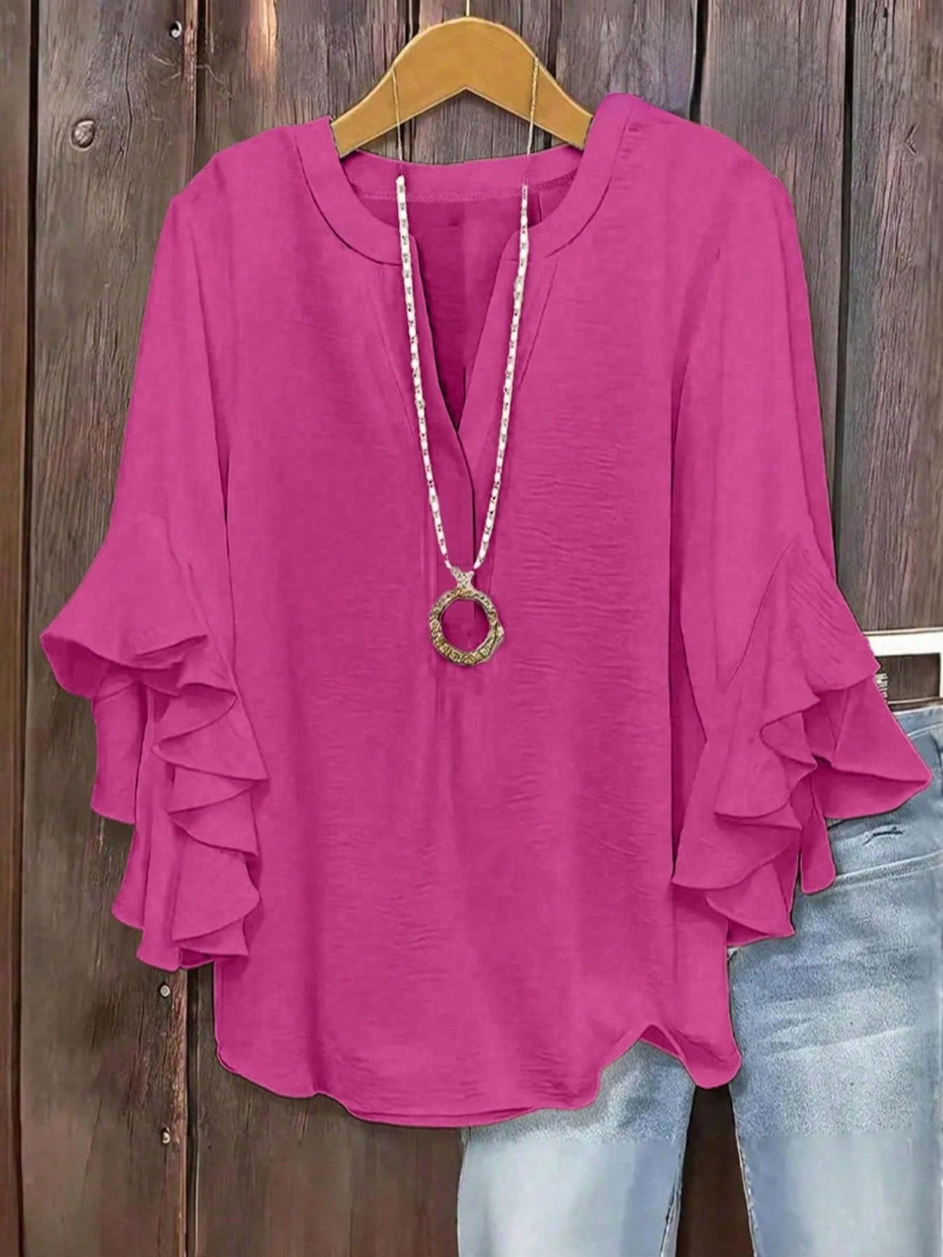 Plus Size Women's Ruffled Sleeve Notched-Neck Fitted Blouse Shirts, Elegant Comfortable and Stylish Solid Color Top, Perfect for Everyday Casual Wear
