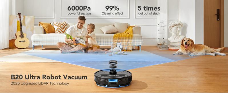 BPMIO B20 Ultra Robot Vacuum Cleaner with Mop 6000Pa Suction 120 Min Runtime LIDAR Navigation Auto Carpet Boost Smart App Control Multi Function Vacuuming
