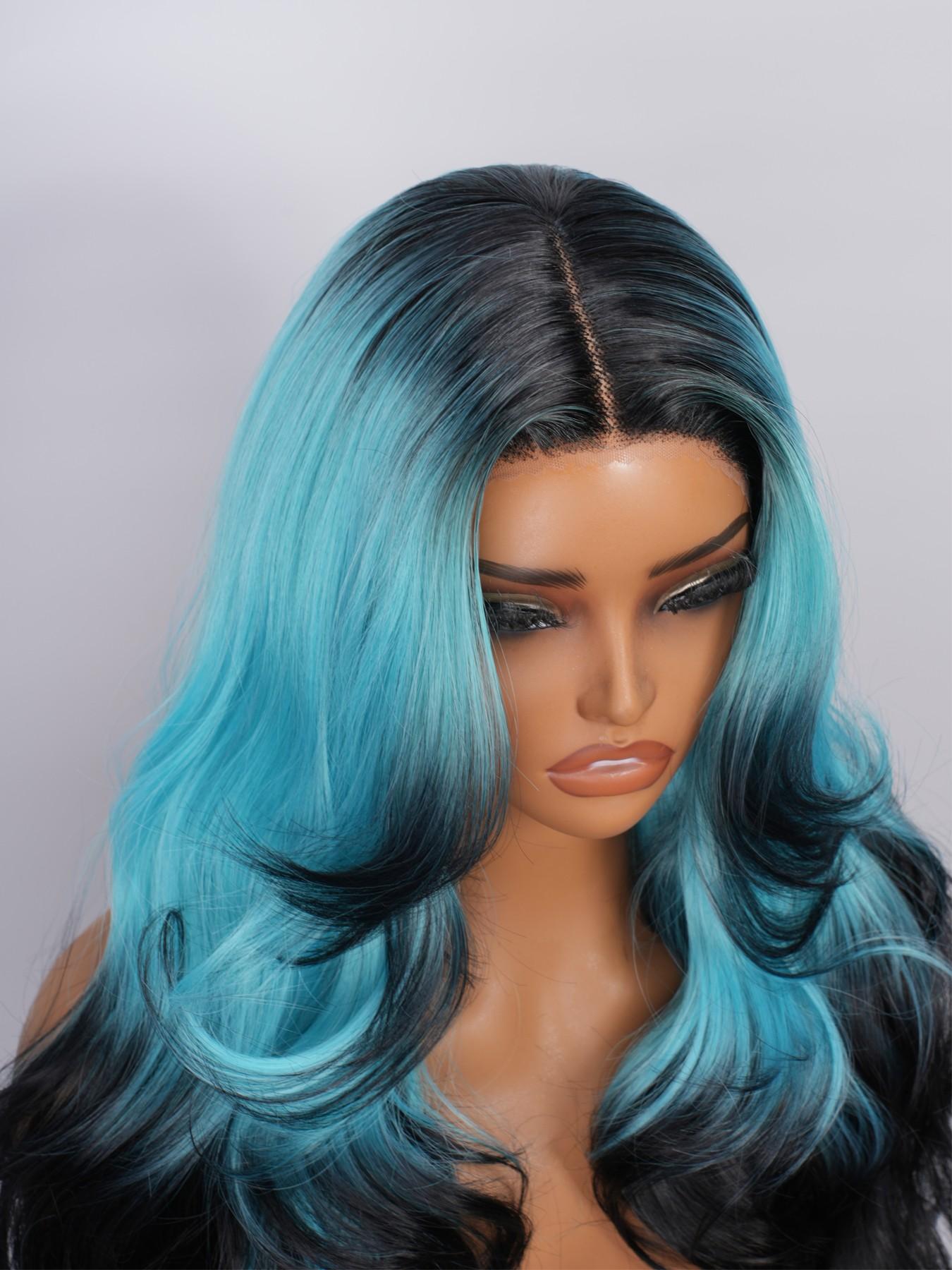 Voluminous Layered Design T-part Wig, Long Body Wave Black To Light Blue Ombre Wig, Fashion Synthetic Hair Wig For Y2K Lovers & Drag Queens, Fit Daily Wear, Themed Party, Cosplay Shooting