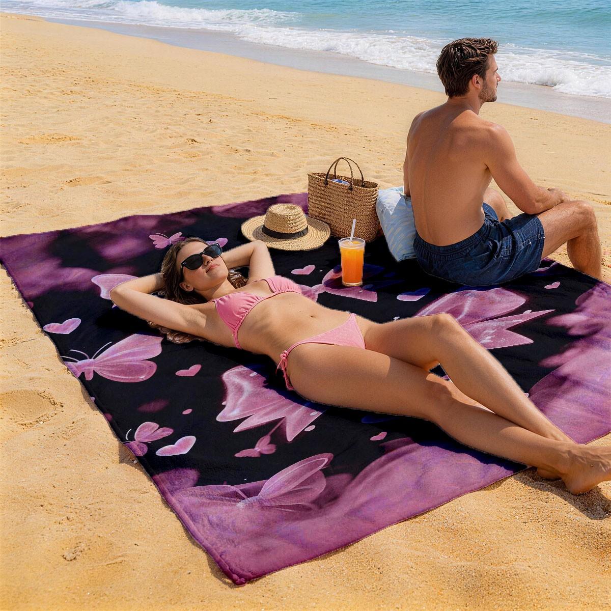 A Black Pink Gradient Bow Butterfly Heart All-over Printed Beach Towel - Oversized, Skin-friendly, Absorbent and Quick-drying, Perfect for Beach and Pool Leisure, Ideal for Summer Trips - Suitable for Seaside Vacations, Pool Parties and Outdoor Picnics
