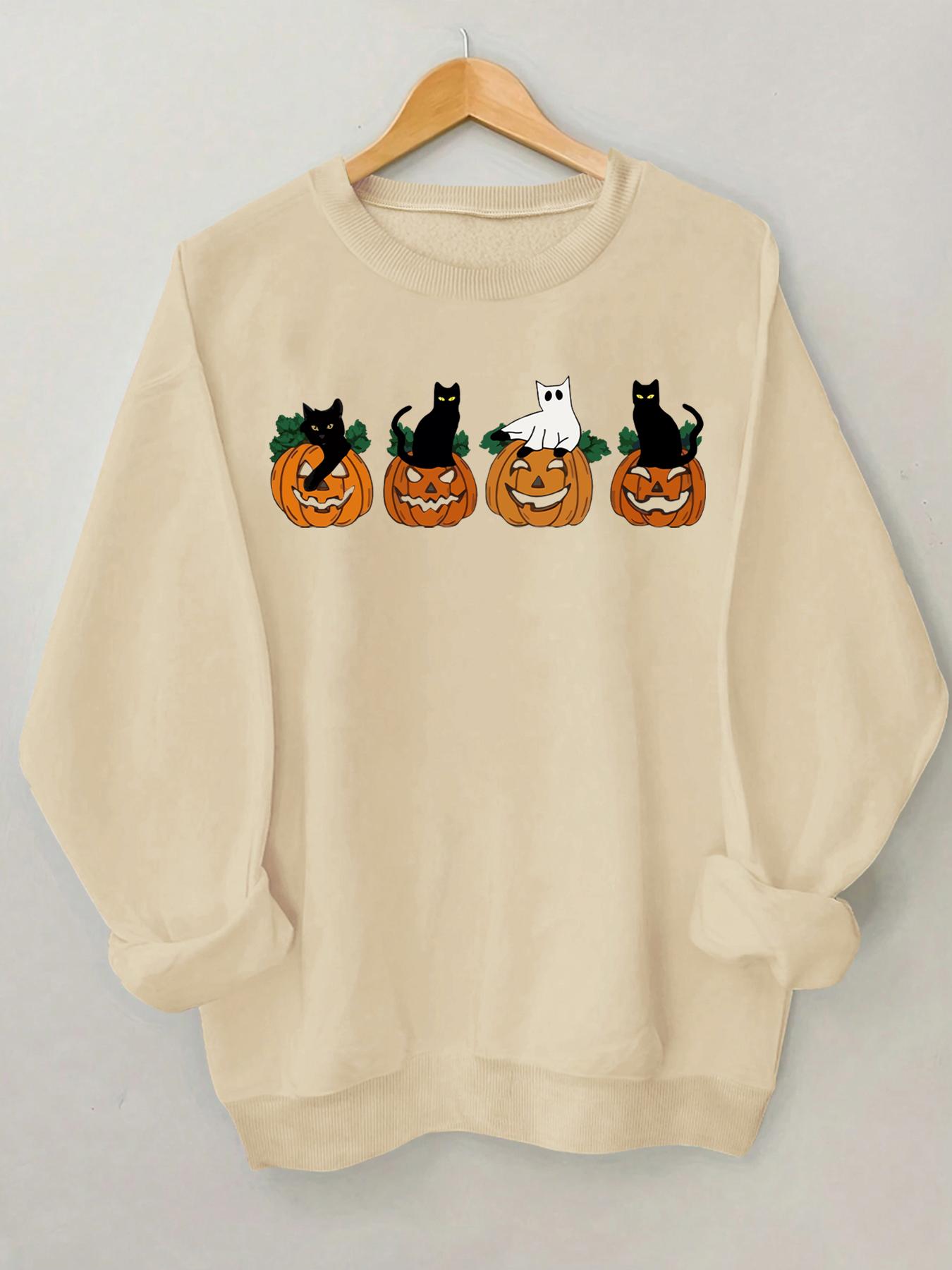 Women's Cartoon Cat & Pumpkin Print Crew Neck Sweatshirt, Casual Drop Shoulder Long Sleeve Pullover, Women's Fall & Winter Clothes for Daily Wear, Halloween