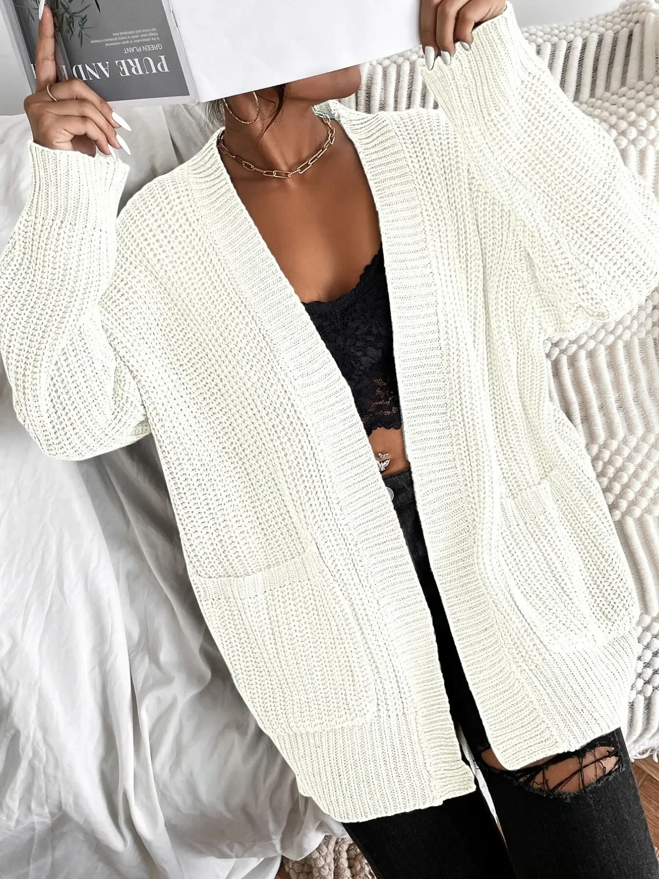 Women's Thick Knit Cardigan, V Neck Loose Fit Long Sleeve Pullover, Casual Acrylic Material, All-Season Outerwear