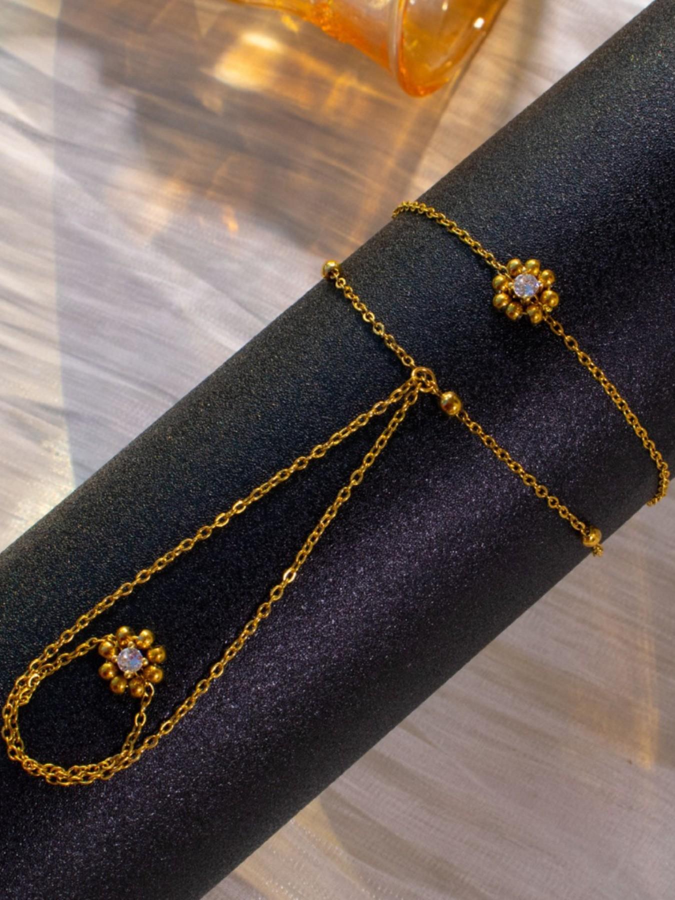 Elegant Zirconia Beaded Gold Pearl Flower Stainless Steel Bracelet, Fashionable Versatile Unique Design Jewelry Accessory