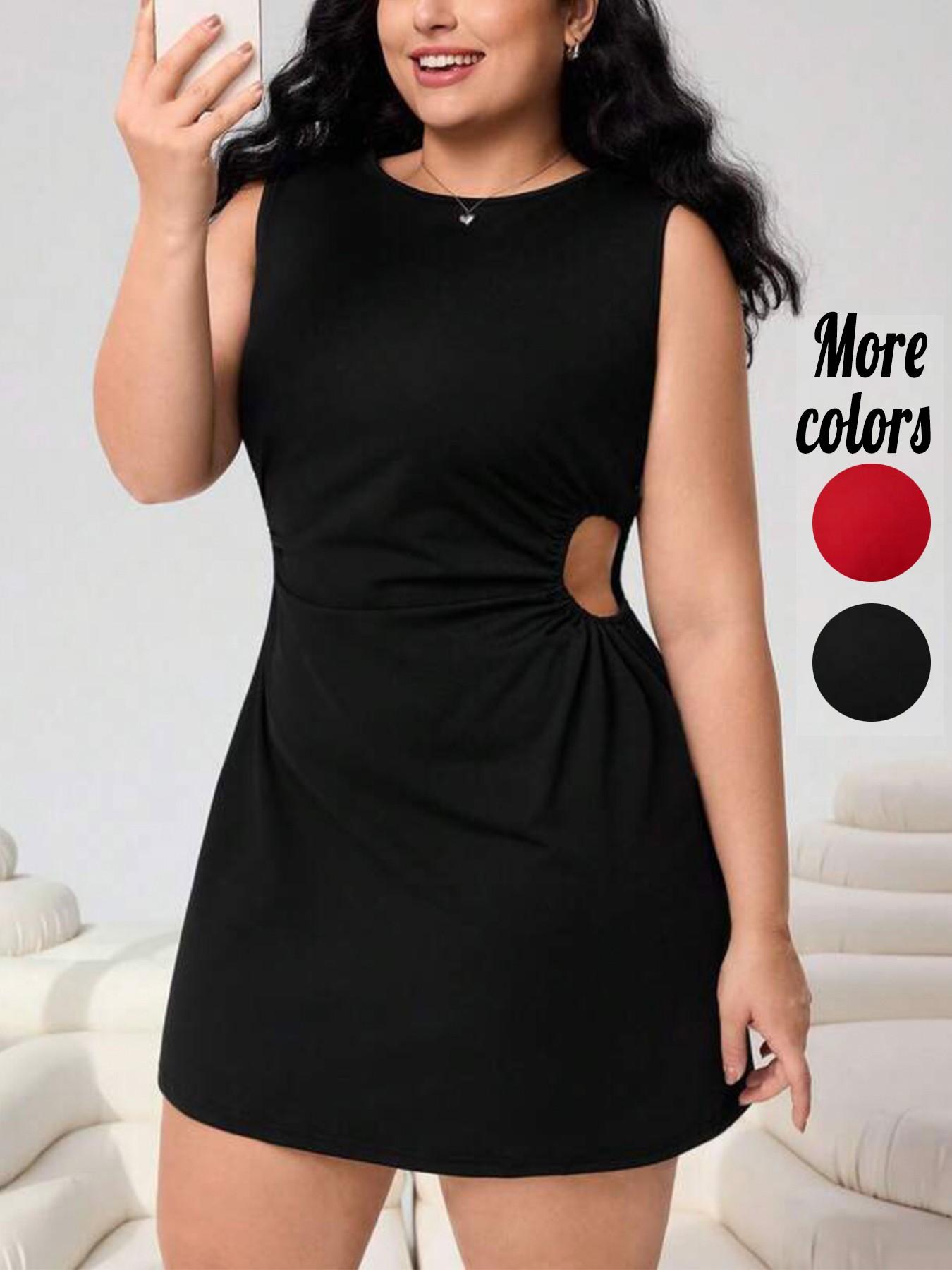 【Plus-Size】1 Piece Black Sleeveless Cutout Mini Dress, Minimalist Casual Style, Stretchy Slim-Fit Fabric & Waist Cutout Detail, For Curvy Women, Perfect for Date Night, Brunch & Daily Outings, Women's Plus-Size Cutout Dresses | TikTok Viral Fashion
