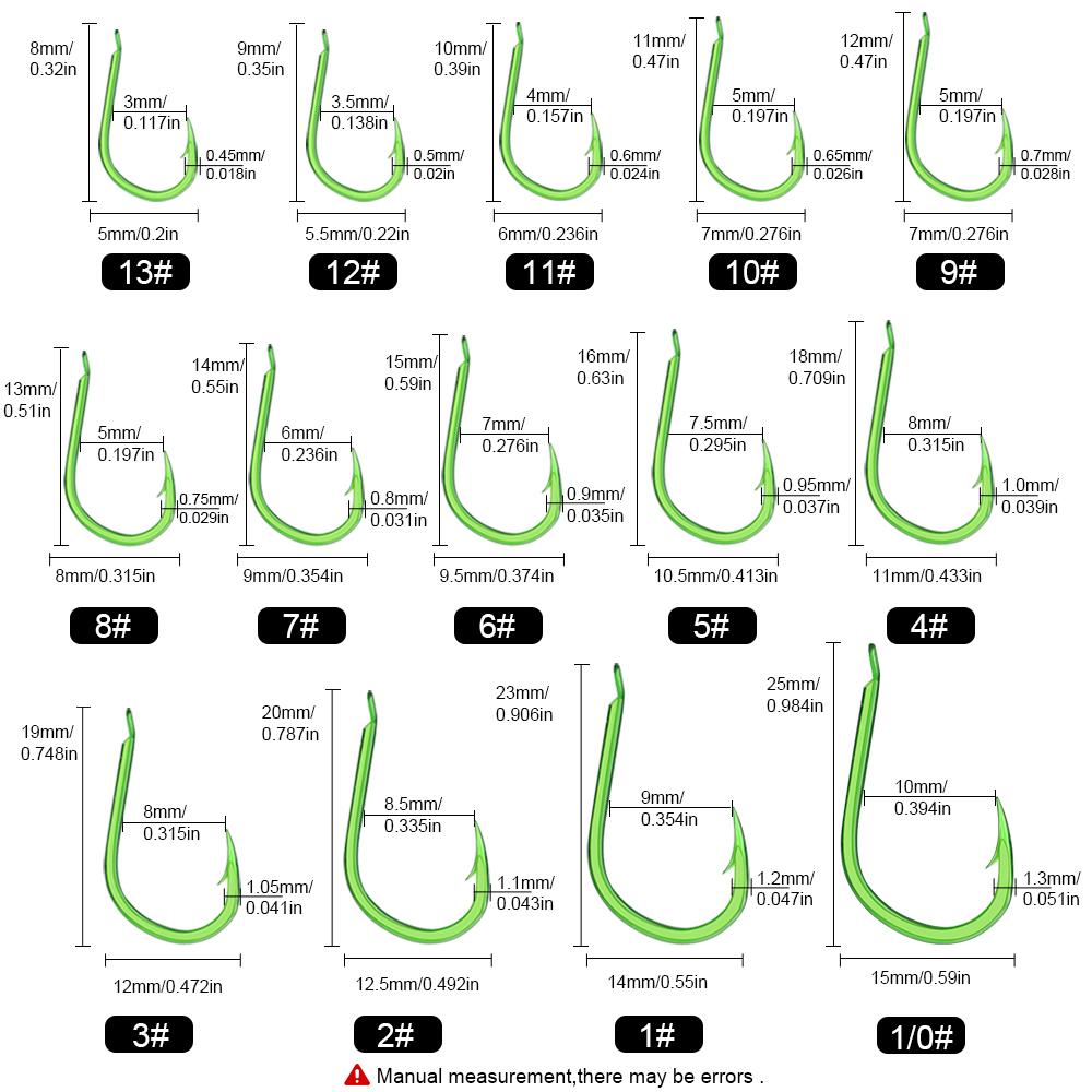 FTK Ise-Ni Fishing Hooks, Fluorescent Green, Flattened, 100pcs Stainless Steel, High-Carbon Steel, Barbed