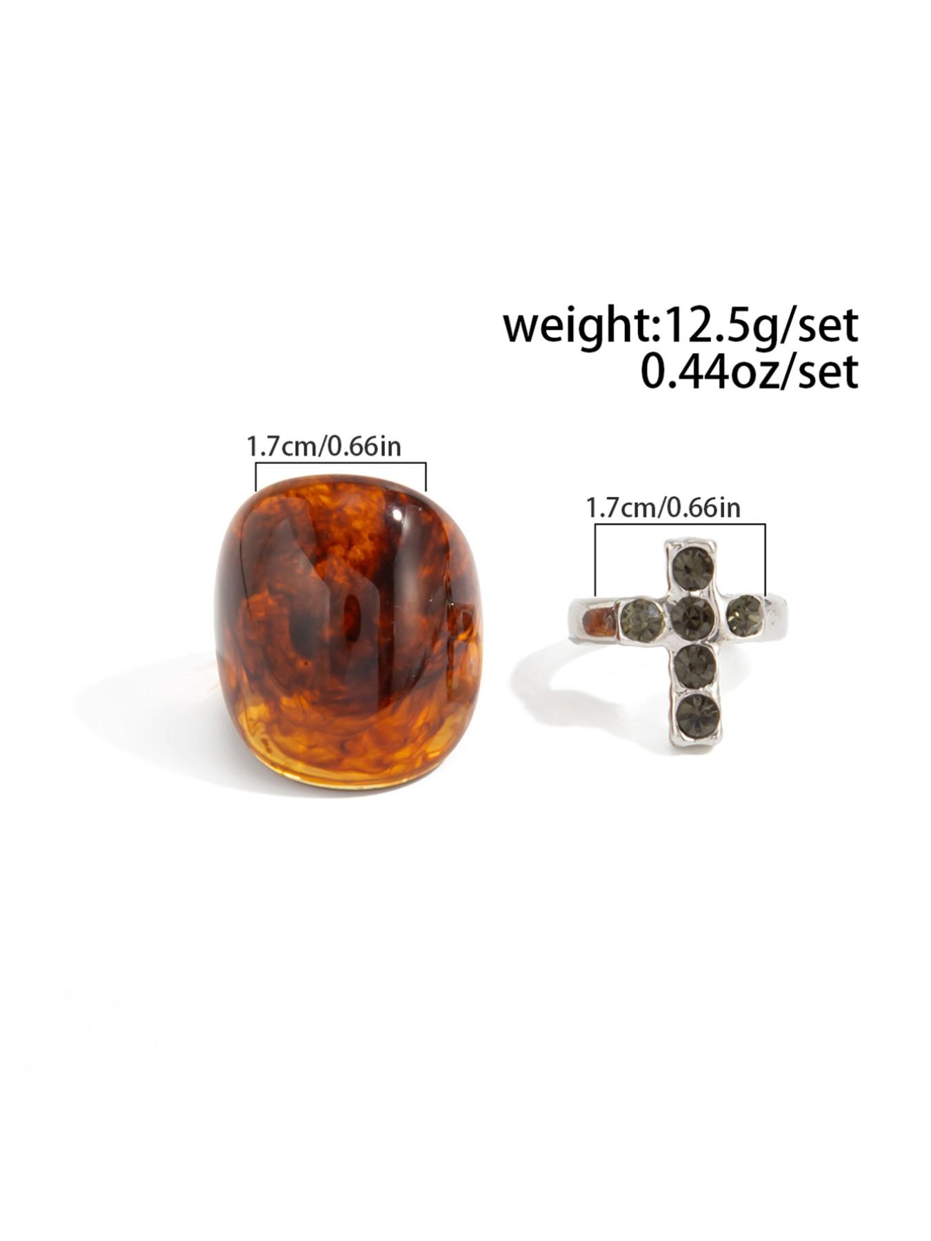 2 Pcs Vintage Geometric Amber Ring Set, Women's Metal Rhinestone Cross Rings, Party & Daily Wear Jewelry Gift Set