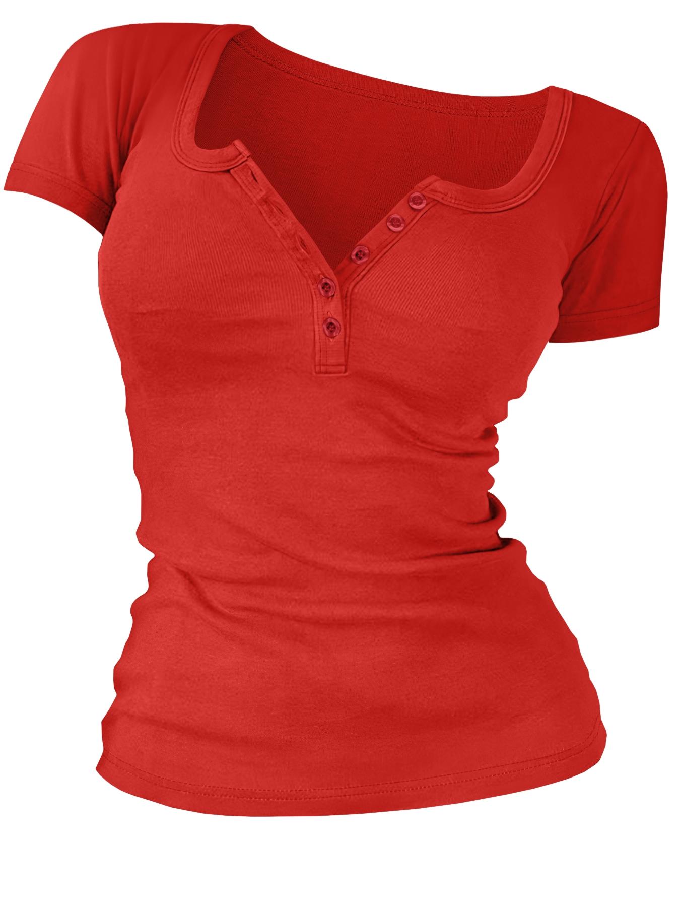 Women's Solid Color Plain Buttons V Neck Tee, Casual Women's Short-Sleeve T-shirt For Summer, Ladies Basic Clothes for Daily Wear, TikTok Trending T-shirt Women