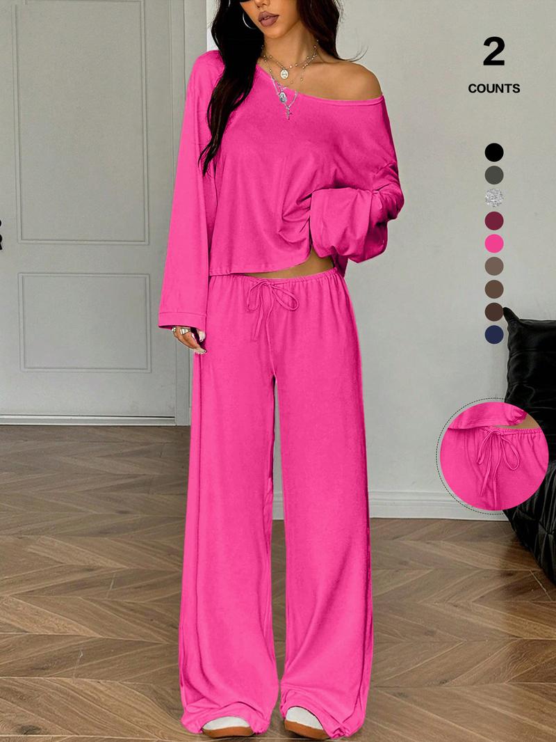 Women's 2 Piece Matching Lounge Set Off The Shoulder Long Sleeve Top and Drawstring Wide Leg Pants Casual Sweatsuit