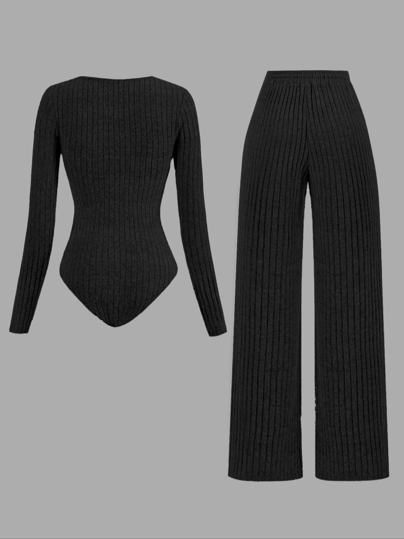 Women's Slim-Fit Solid Color Ribbed Fleece Bodysuit and Wide-Leg Pants Set, Fashionable Comfortable Fabric for Daily Wear