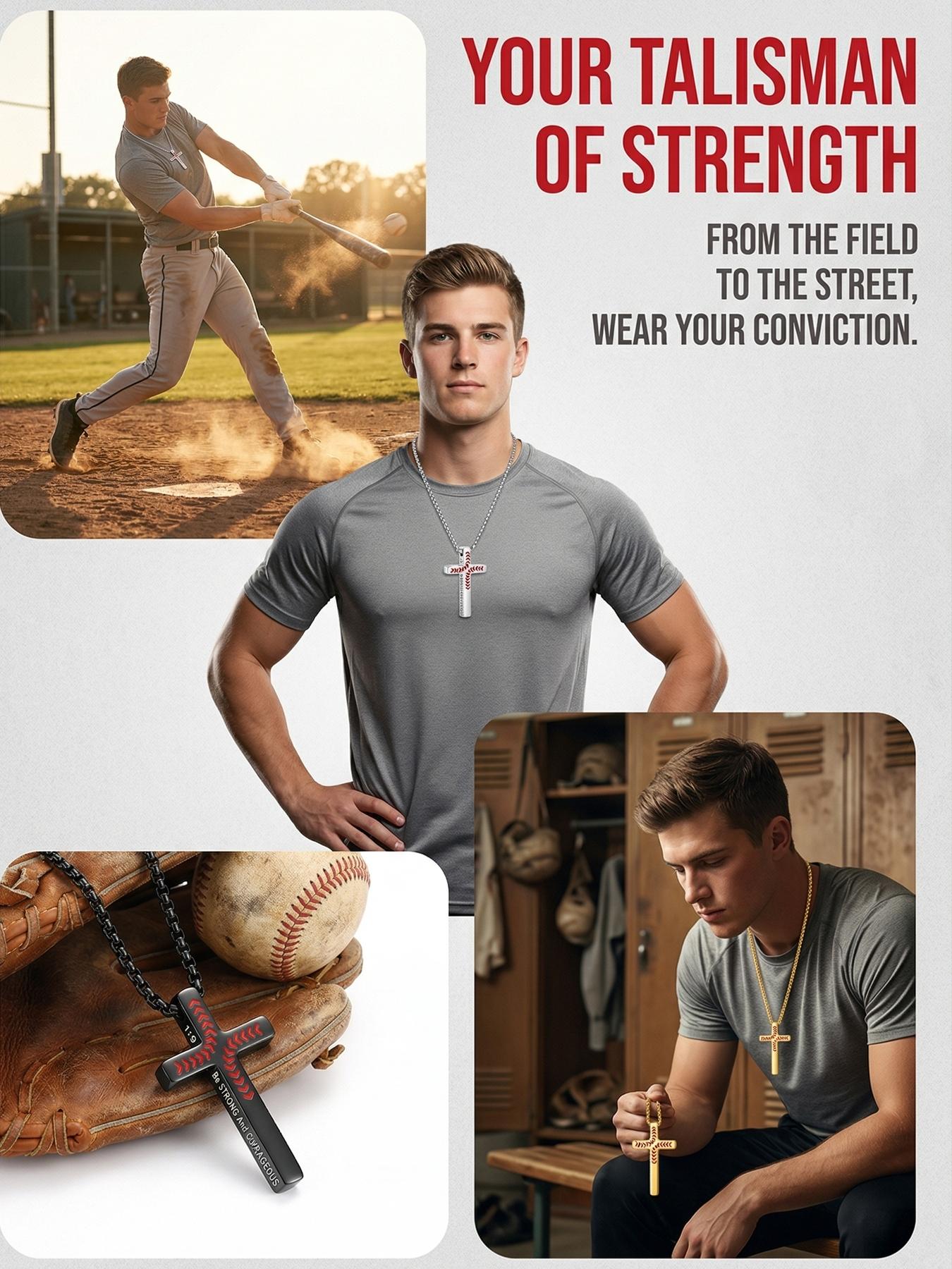 Cross Necklace with Bible 1:9 Verse Cross Pendant, 316L Stainless Steel Chain / Religious Gift for Boys and Men / Fade-Resistant / Baseball / Festival / Party / Ideal Gift