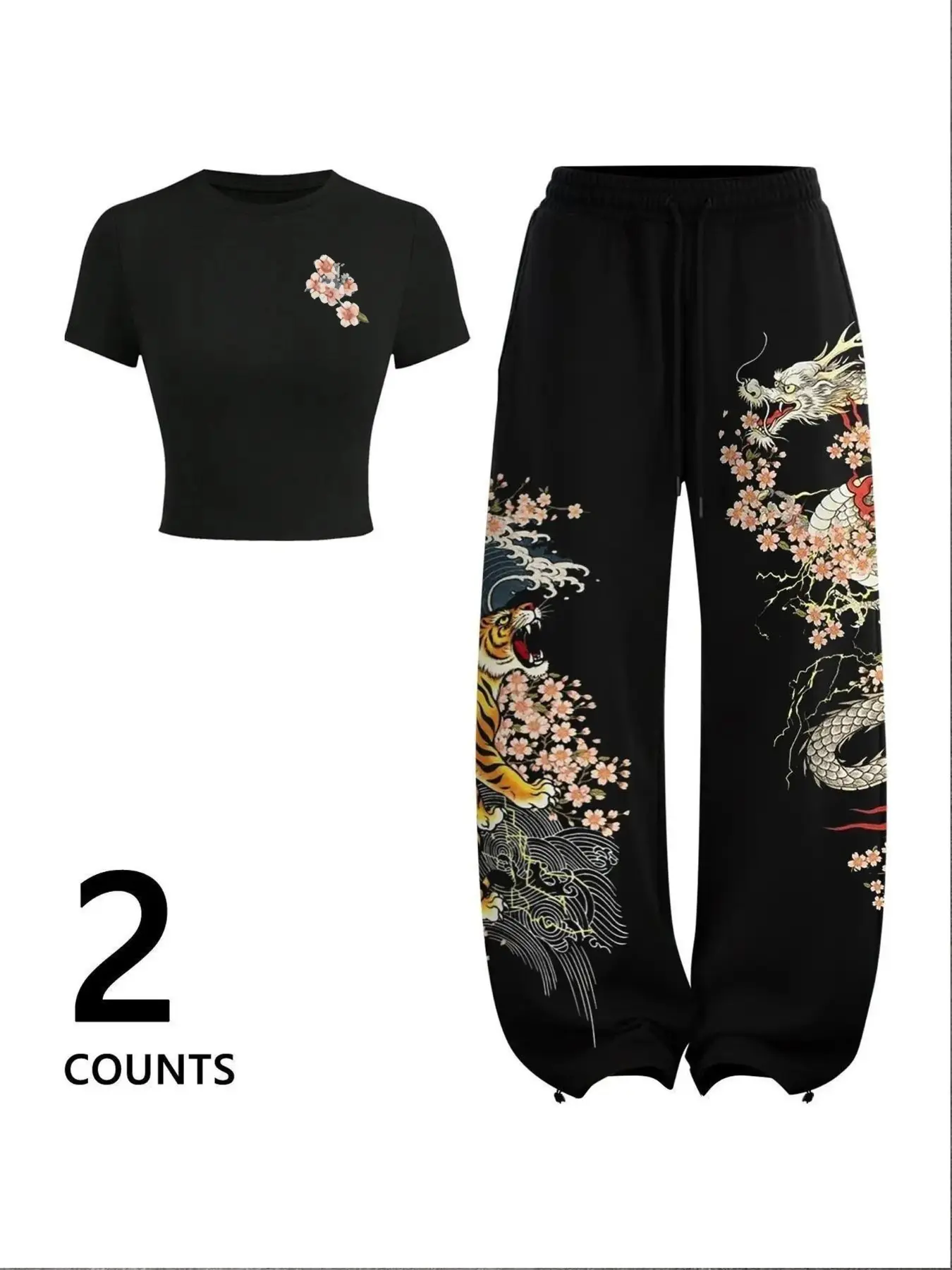 Women's Round Neck Short Sleeve Top Set, Y2K Street Style Dragon Plum Print, Casual Sports Pants, Summer Fashion