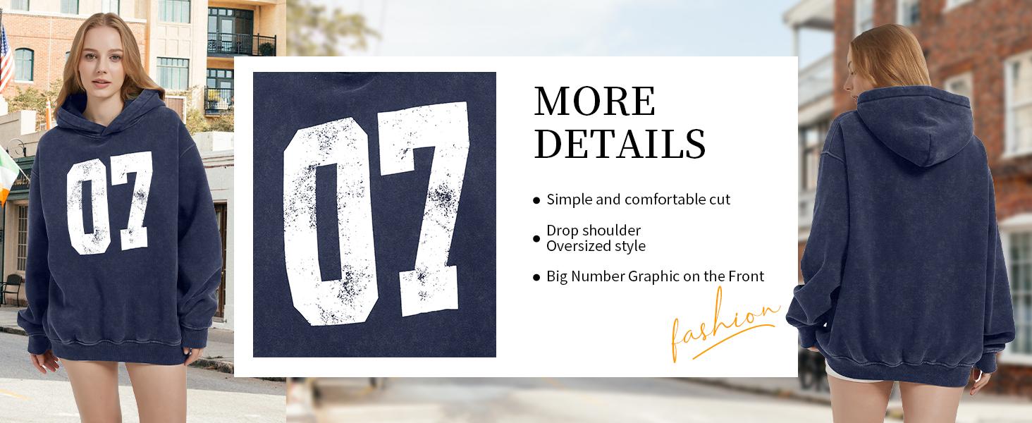 FAIABLE Acid Washed Vintage Print Number Women's Hoodie Oversized Fade Craft Long Sleeve Pullover Oversized Hoodie Wash Plush Cotton Hooded Sweatshirt Fleece Hoodies Cute Long Sleeve Preppy Sweatshirts Fall Oversized Pullover Hooded Tops