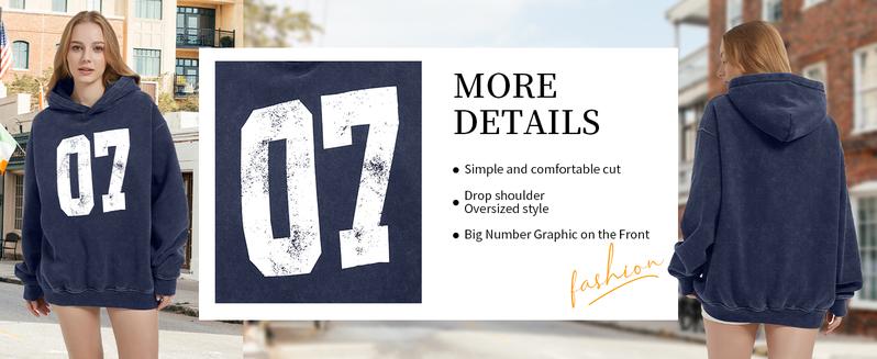 FAIABLE Acid Washed Vintage Print Number Women's Hoodie Oversized Fade Craft Long Sleeve Pullover Oversized Hoodie Wash Plush Cotton Hooded Sweatshirt Fleece Hoodies Cute Long Sleeve Preppy Sweatshirts Fall Oversized Pullover Hooded Tops