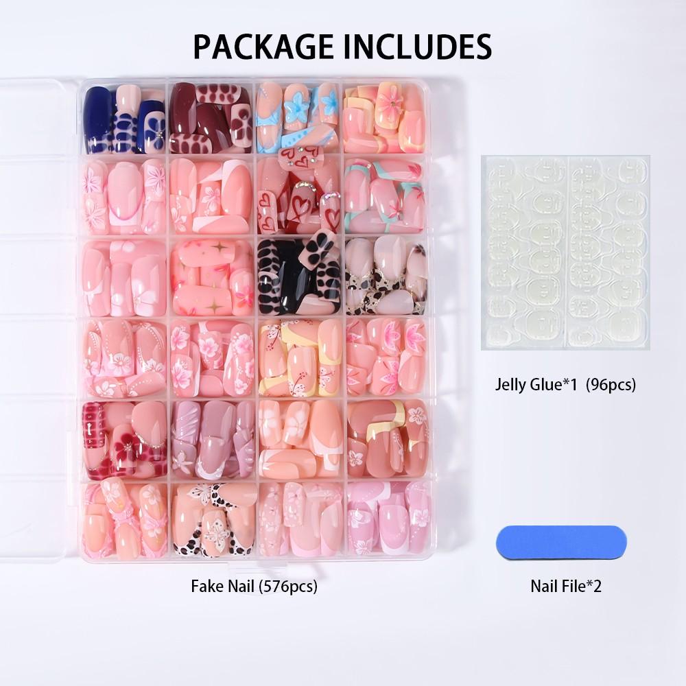 576pcs Short Square French Press-On Decorative Nails, 3D Gel Flower Peony Nail Art with Polka-Dot and Leopard Patterns, Acrylic False Nail Set