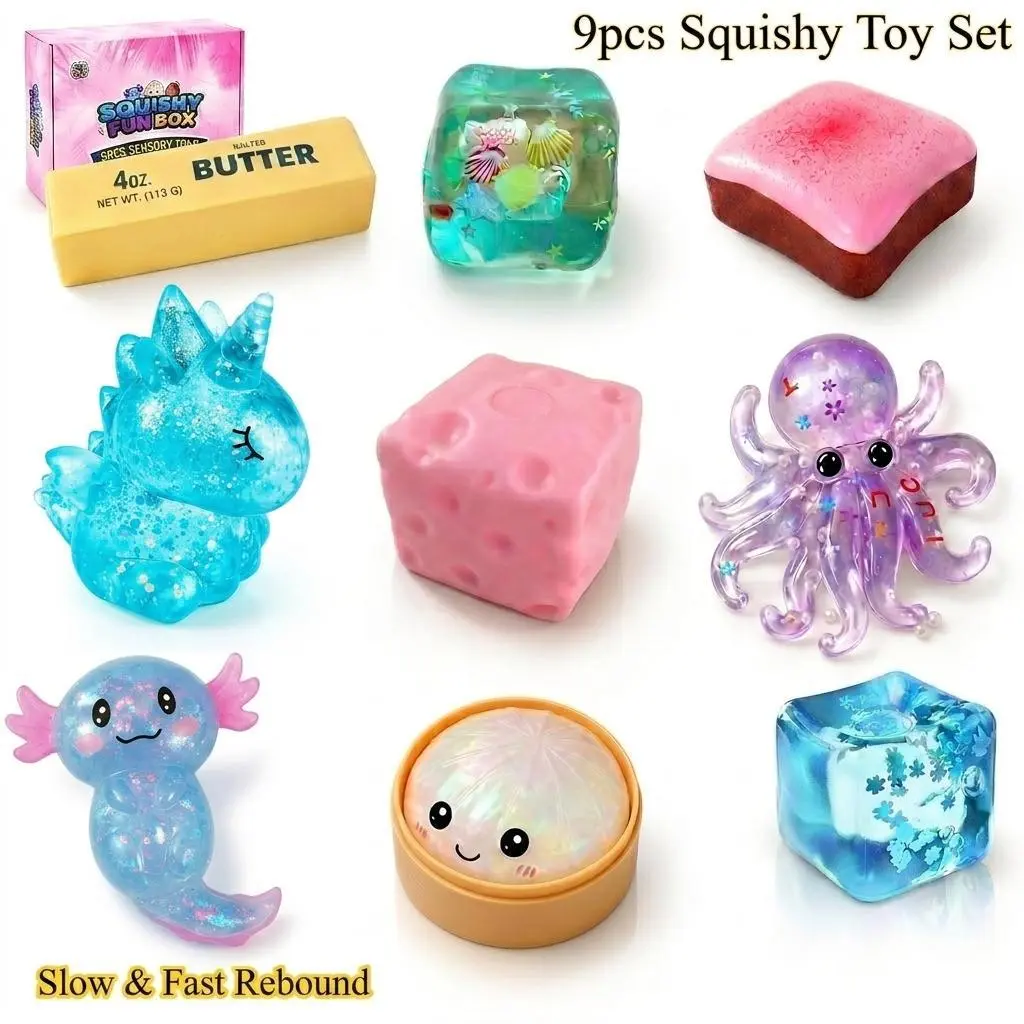STB01 9-Pack Soft Squishy Toys,Trendy Squeeze Sensory Fidget Toys with Different Texture, 9 Unique Design Squishy Toy Set Suitable for All Ages, Slow & Fast Rebound Silicone Toys,stress relief toy, Perfect Gifts for Teacher's Day, Birthdays,Parties