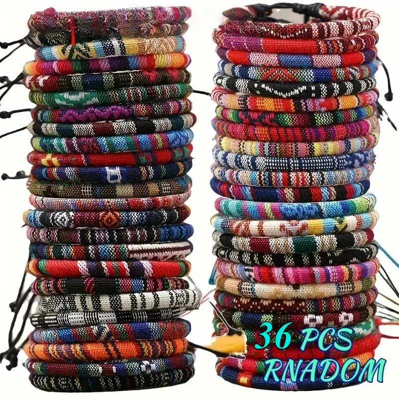 Lumen Gem 36-Piece Ethnic Boho Random Woven Bracelets Set, Adjustable Fabric Rope Braided Wristband, Stackable Sets for Women, Handmade Multicolor Party Gift