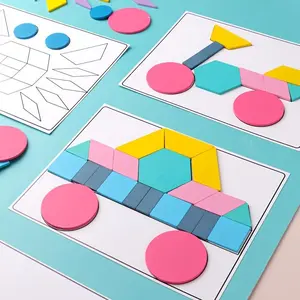 Colorful Geometric Multifunctional Pattern Puzzle Blocks, Classic Tangram Shape Building Set with Design Guide Cards & Storage Bag, Brain Game, Boost Kids Spatial Awareness, Creativity & Fine Motor Skills, Perfect Educational Birthday Gift