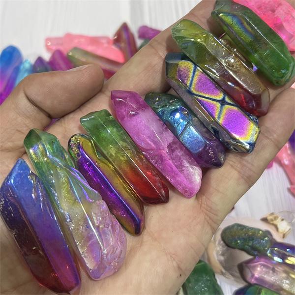 200-500g Aura Polished Clear Quartz Single Point Mixed Color Diy Crystal Mineral