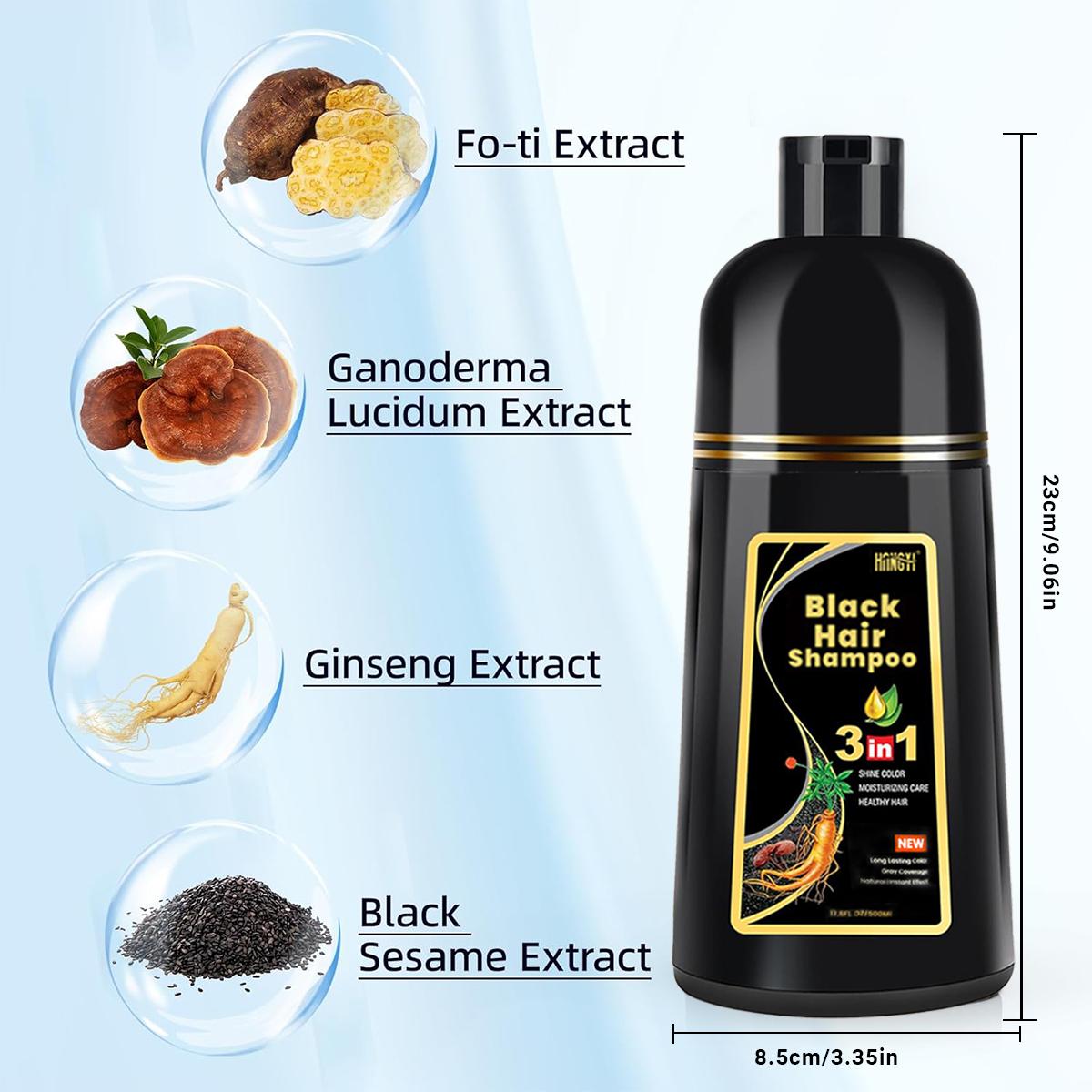 3 in 1 Black Hair Dye Shampoo with Ginseng Extract - Herbal Formula for Gray Coverage & Natural Haircoloring -17.6 FL OZ /500 ML