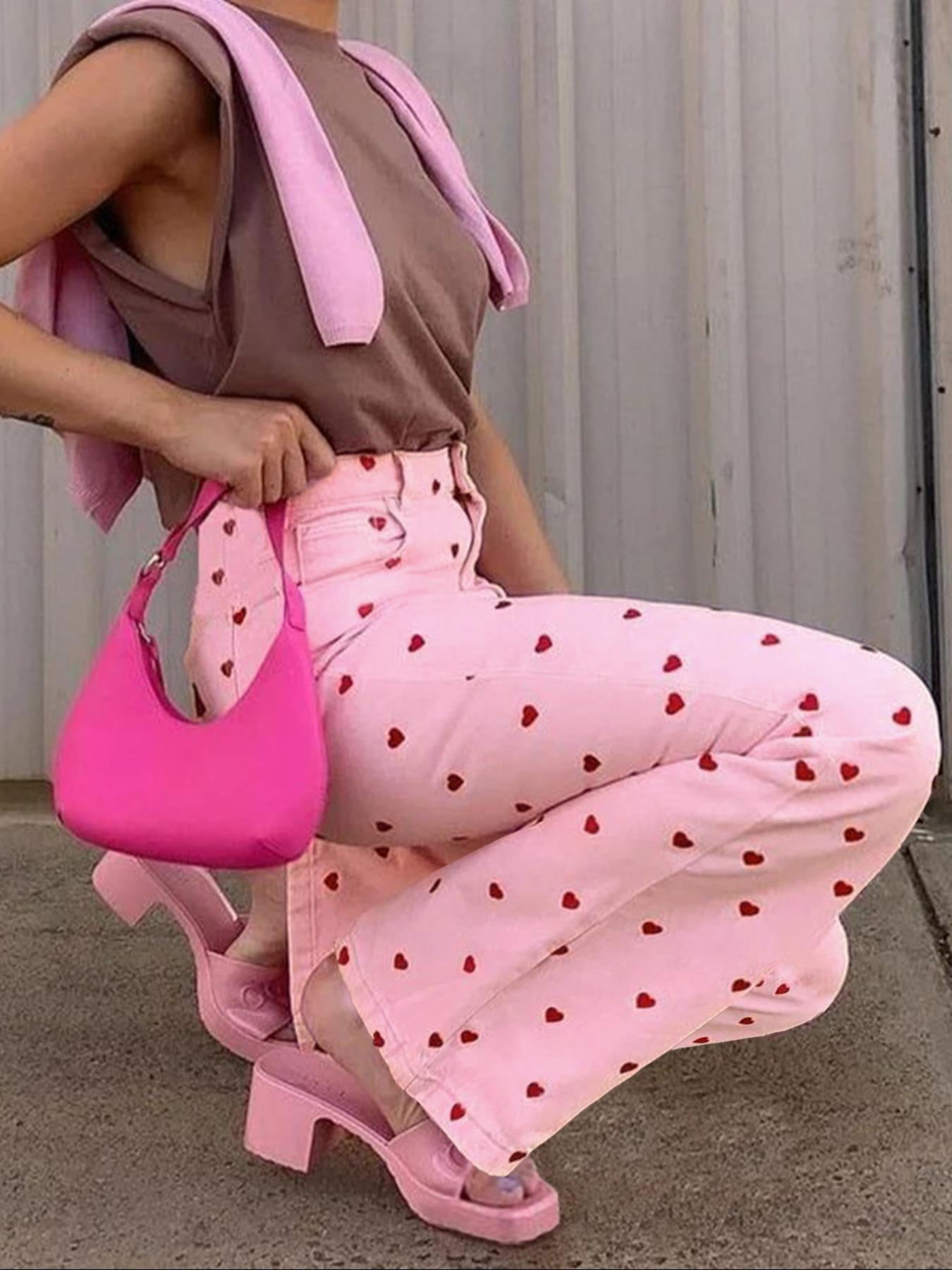 Women's Casual Loose-Fit Denim Wide Leg Pants, Boho Fashion Trousers, Heart Print Washed Jeans, All Season Comfortable for Dating & Daily Wear