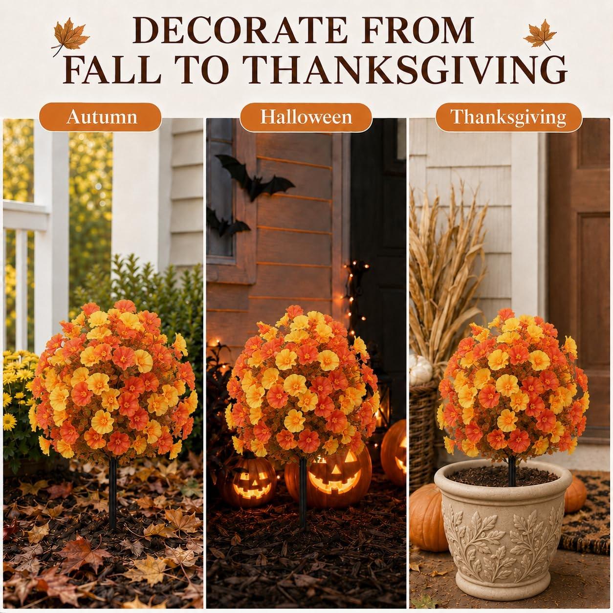 1 Pack Fall Artificial Morning Glory Topiary Balls with Ground Stakes, UV Resistant Waterproof Fade-Proof, Autumn Halloween Thanksgiving Decor for Porch Planters Garden Pathway Fence Outdoor Decor, Artificial Flower Ball